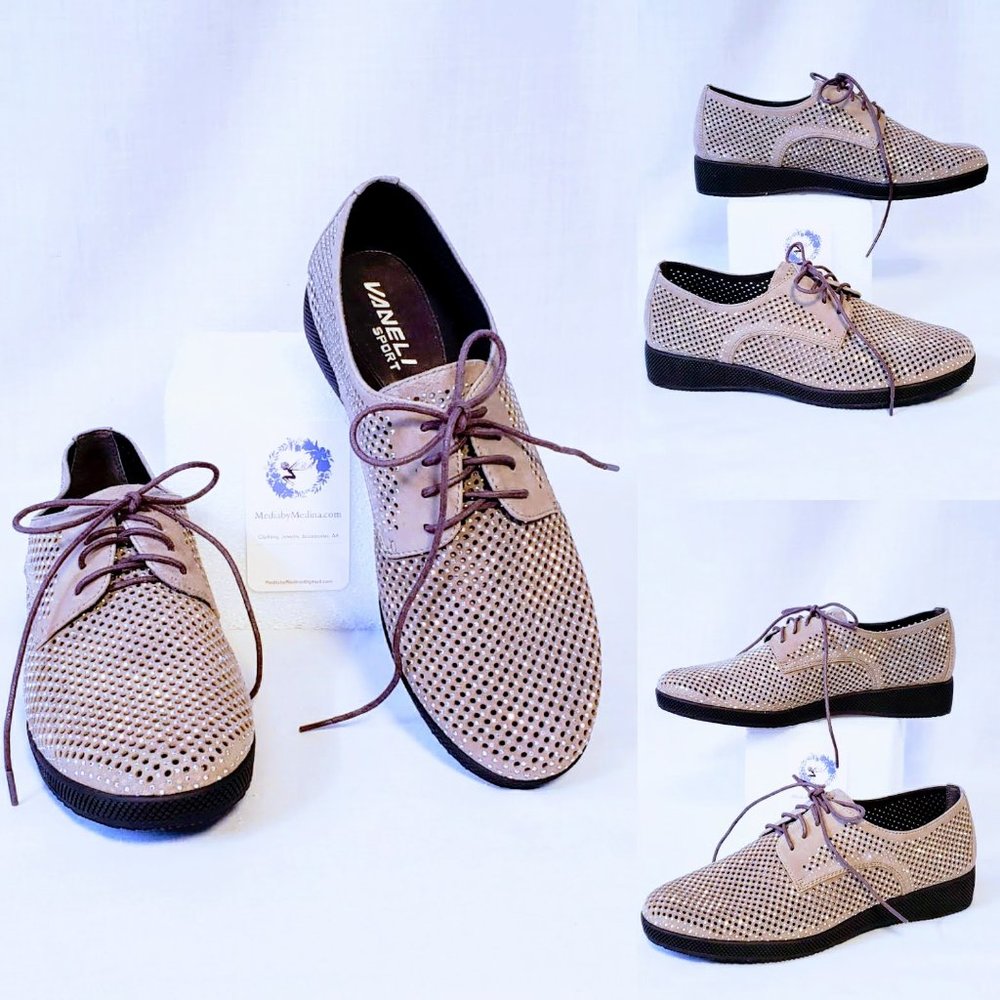 Vaneli Taupe Perforated Lace-Up Sneakers with Dark Sole